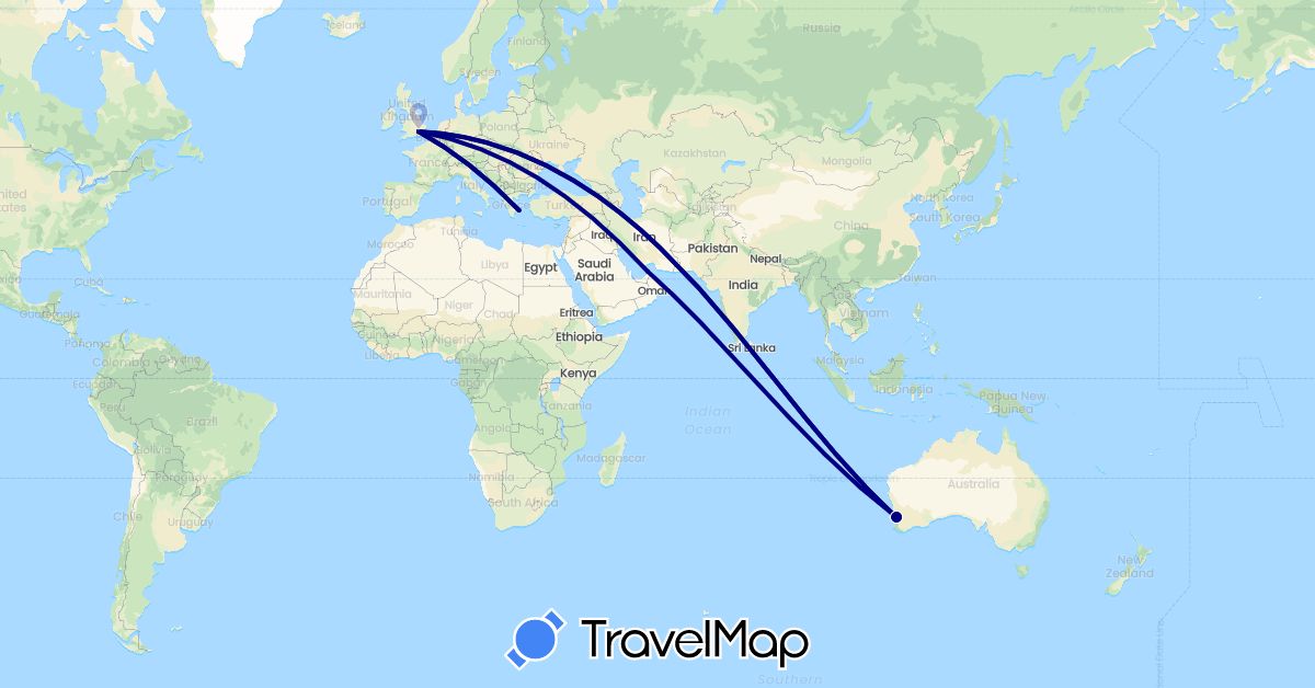 TravelMap itinerary: driving in United Arab Emirates, Australia, United Kingdom, Greece (Asia, Europe, Oceania)